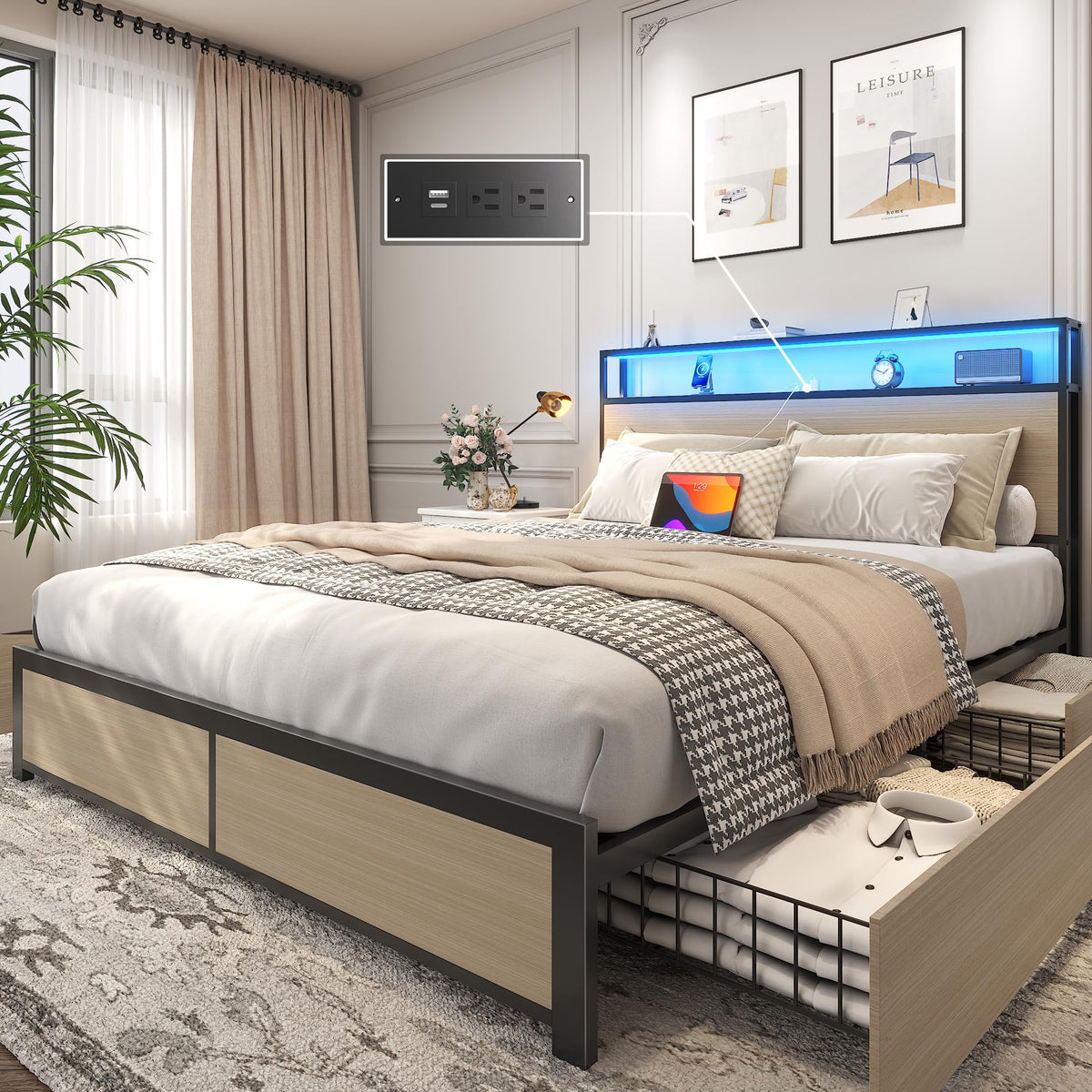 Lifezone Queen Bed Frame with 2-Tier Storage Headboard, Metal Platform Bed Frame with 4 Storage Drawers, Built in Charging Station & LED, Noise-Free/Metal Support/No Box Spring Needed, Rustic Grey