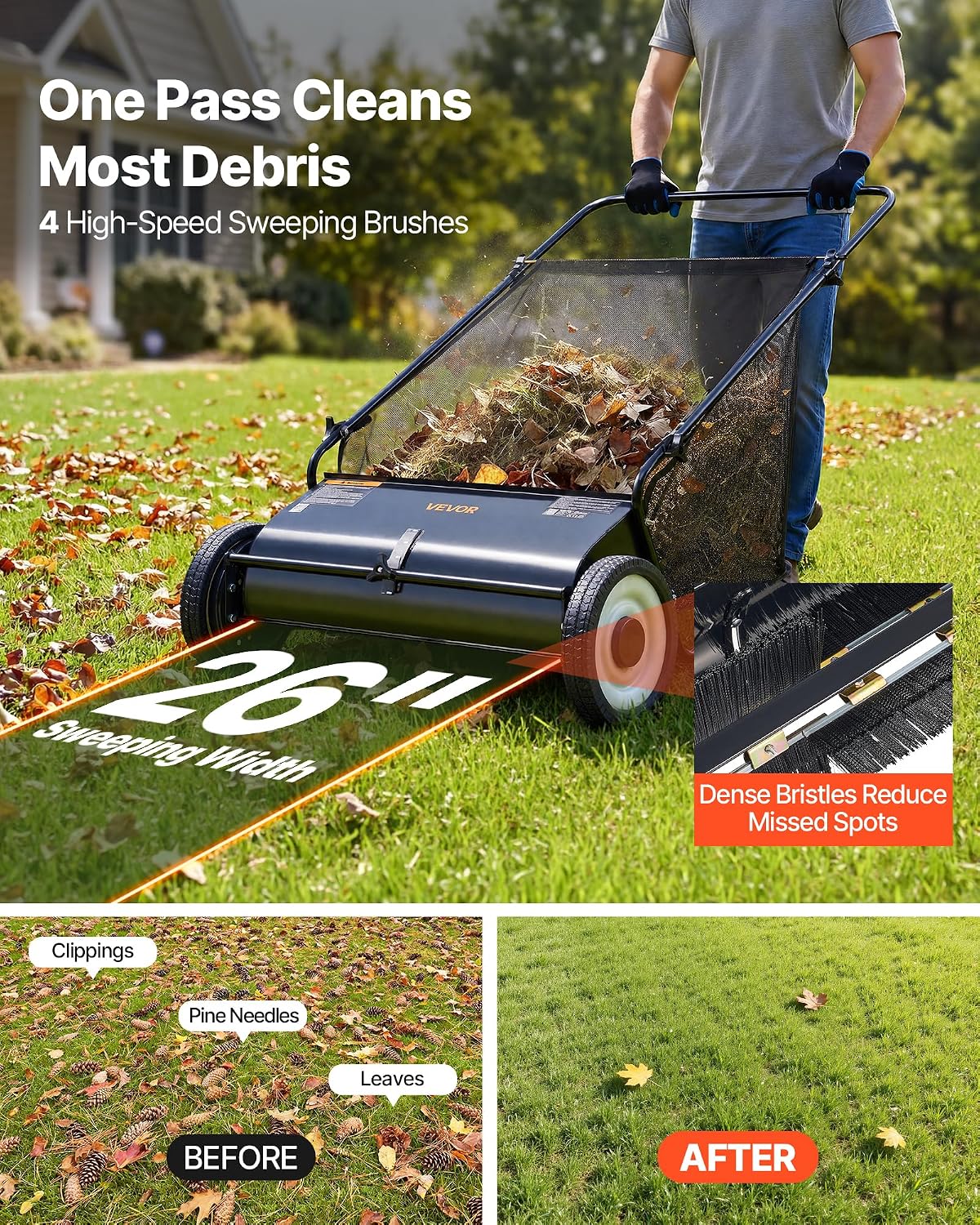 VEVOR Push Lawn Sweeper 26 Inch Leaf & Grass Collector 7 cu. ft. Hopper Bag