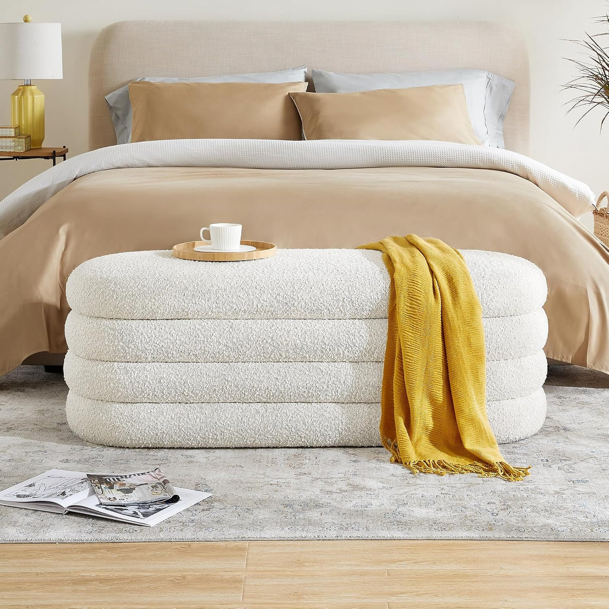 Busaurus Storage Ottoman Bench 49.2 Inch Upholstered Fabric Storage Bench for Bedroom End of Bed Aesthetic Large Oval Ottoman for Living Room Entryway (Ivory)
