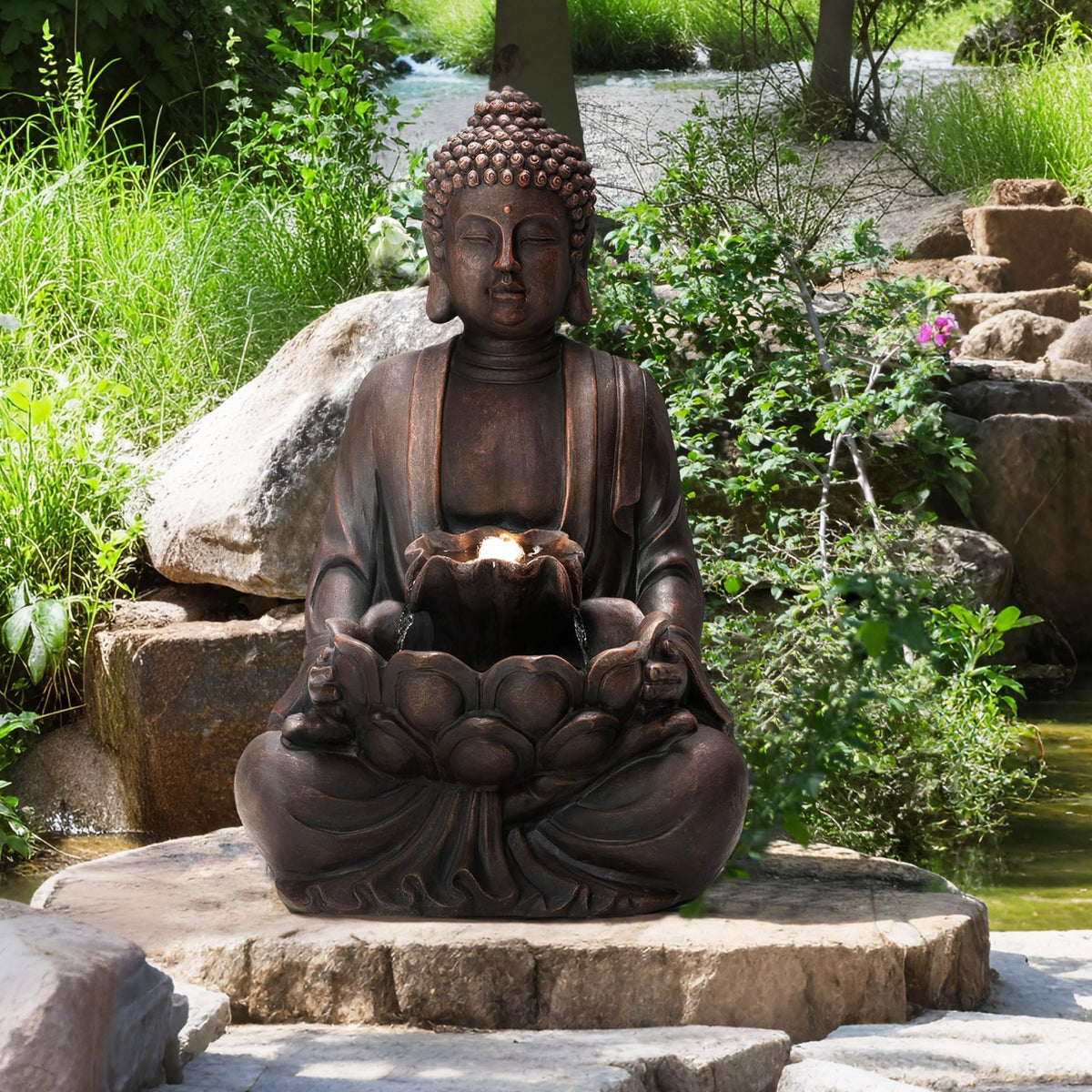 Glitzhome Buddha Statues, 20.5"H Zen Style Outdoor Buddha Fountian with LED Light & Pump, Outdoor Floor Freestanding Fountain Meditative Garden Buddha Sculptures & Statues for Garden Porch Lawn Decor