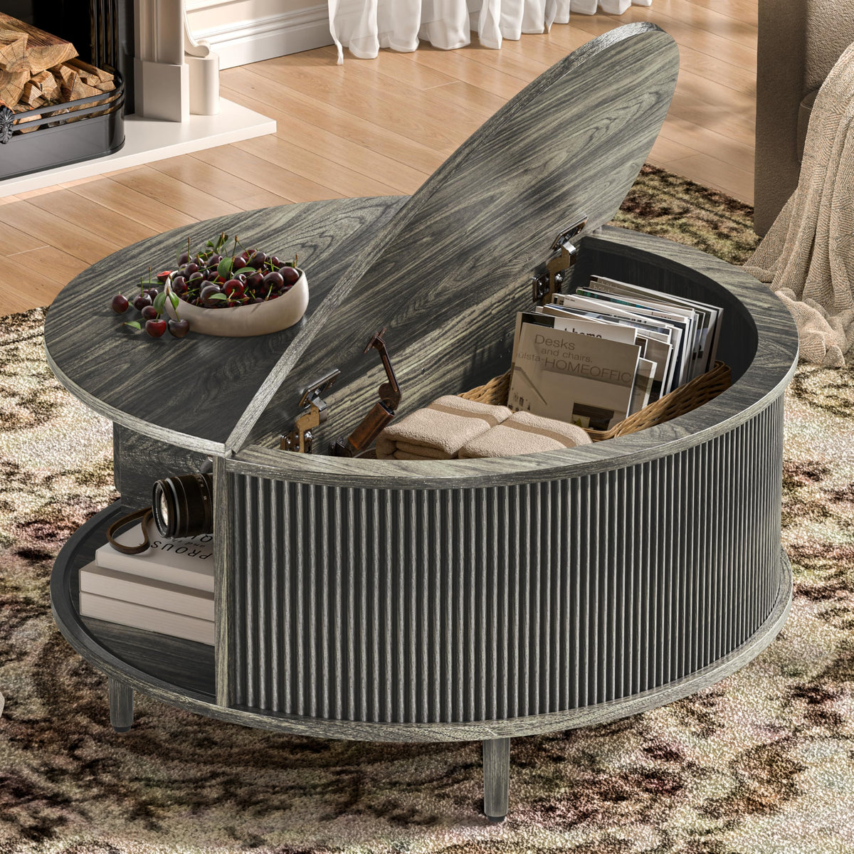 Round Coffee Table, 31.5" Fluted Center Table with Storage, Lift-Top Coffee Table with Adjustable Footpads, Sliding Door, Mid-Century Modern Center Table for Living Room, Small Space (Nature)