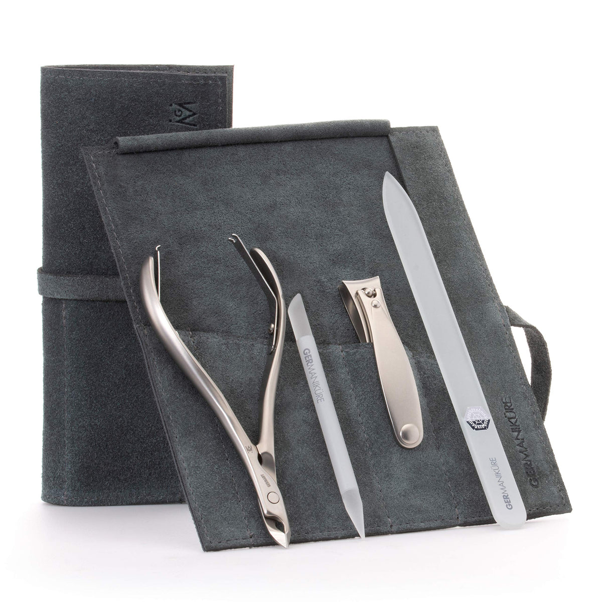 GERMANIKURE 7pc Manicure & Pedicure Set, FINOX Steel, Purple Leather Roll