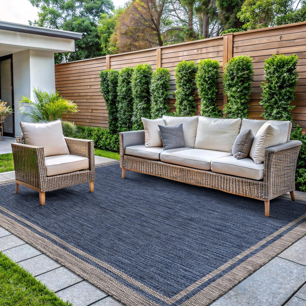 CAMILSON Outdoor Rug 6x9, Modern Outside Rugs for Patios Porches Waterproof Durable Washable Non-Shedding, Easy-to-Clean Indoor Outdoor Area Carpet (6 x 9, Bordered - Blue/White)