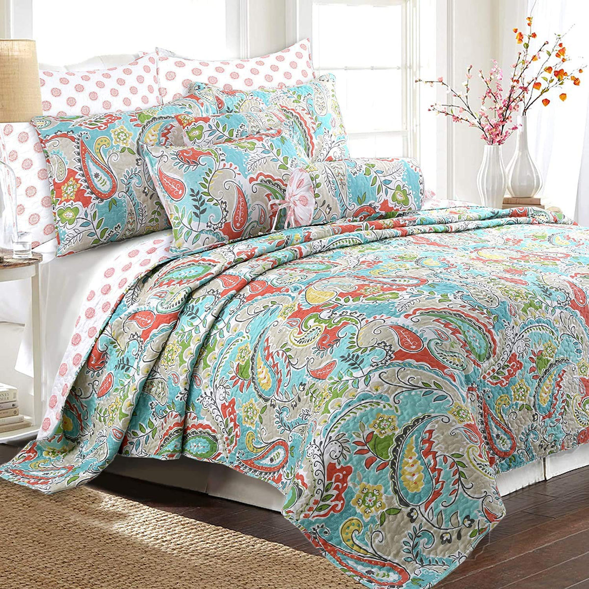 Cozy Line Home Fashions Bloom Floral Blue Rose Spring Reversible Quilt Bedding Set, Coverlet Bedspread Lightweight for All Seasons (Pink Garden, Queen - 6 Piece)