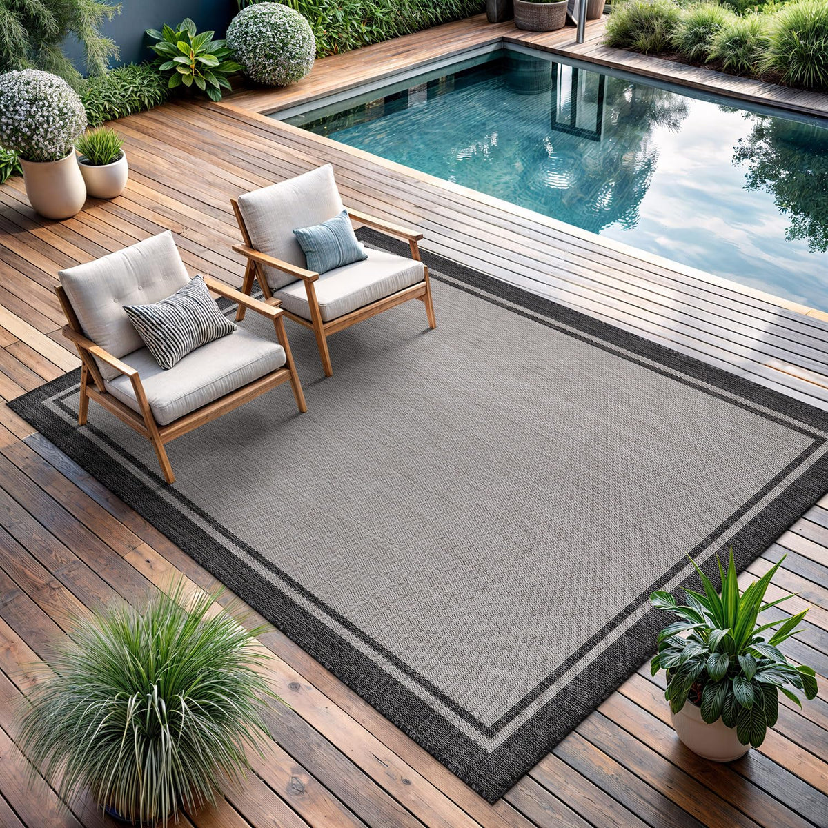 CAMILSON Outdoor Rug 6x9, Modern Outside Rugs for Patios Porches Waterproof Durable Washable Non-Shedding, Easy-to-Clean Indoor Outdoor Area Carpet (6 x 9, Bordered - Blue/White)