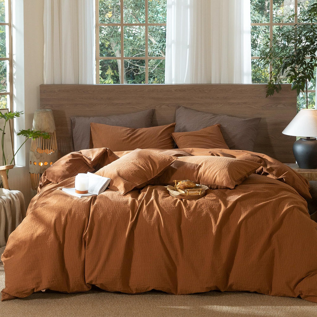 MooMee Striped Duvet Cover Set 100% Washed Cotton Linen Like Queen