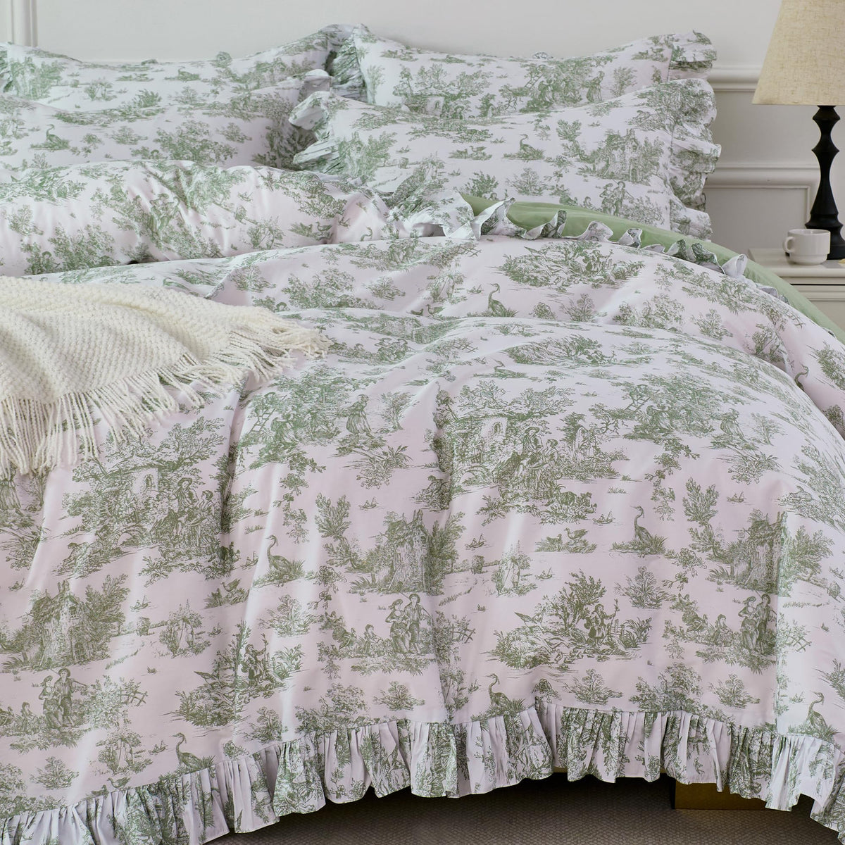Brandream French Country Toile Queen Duvet Cover Set for Girl Women Bedroom Vintage Pink Toile Floral Print 100% Cotton Duvet Quilt Comforter Cover Pillow Shams Set with Delicate Ruffle Fringe