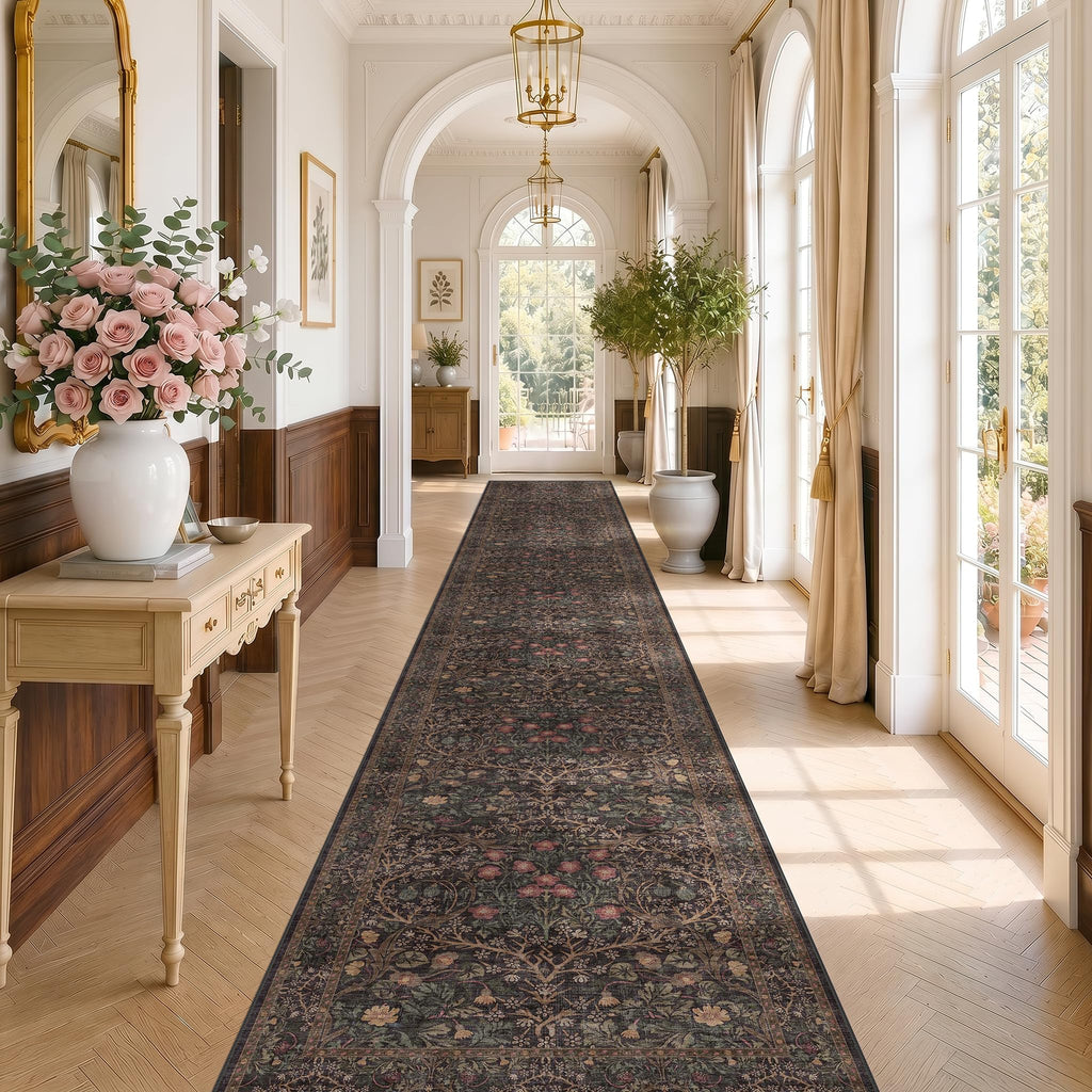 Floral Dark Green Washable Area Rugs 8x10, Vintage Living Room Rug