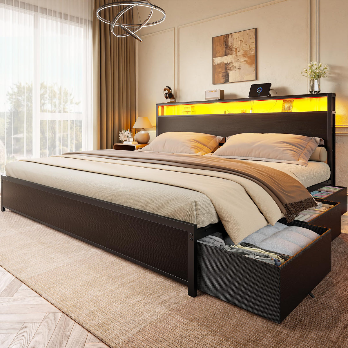 Forestell King Size Bed Frame with 2-Tier Storage Headboard & 6 Drawers