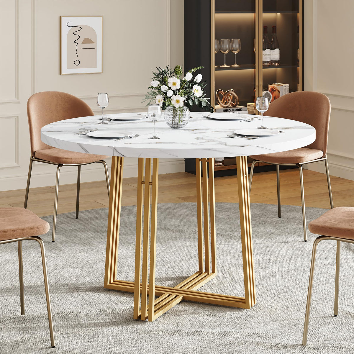 Round Dining Table for 4, Wooden Dining Room Table, Circle Kitchen Table for Home Dining Room Kitchen Living Room (Walnut Brown)