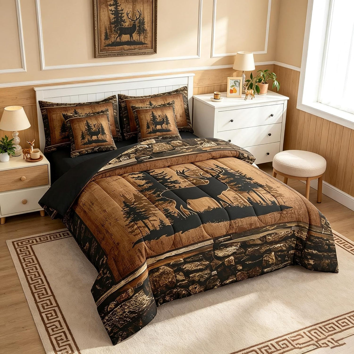 Feelyou Deer Comforter Set with Sheets King Size 7 piece Kids Rustic Deer Hunting Bedding Set Cabin Lodge Deer Bed in a Bag Farmhouse Nature Wildlife Antlers Brown Bed Set
