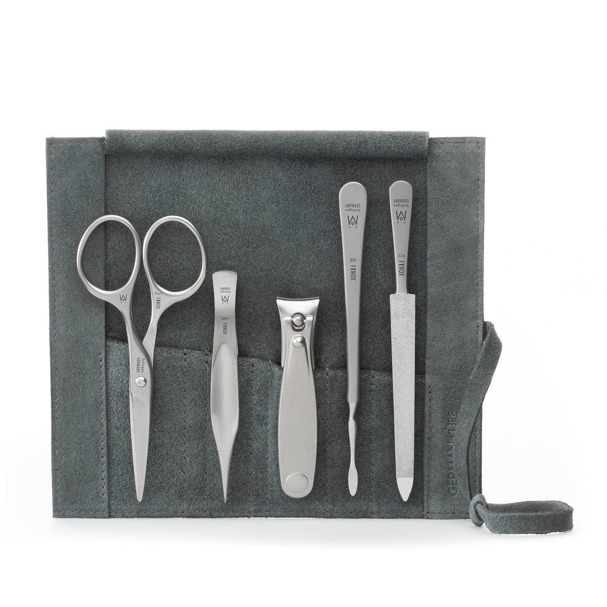 GERMANIKURE 7pc Manicure & Pedicure Set, FINOX Steel, Purple Leather Roll