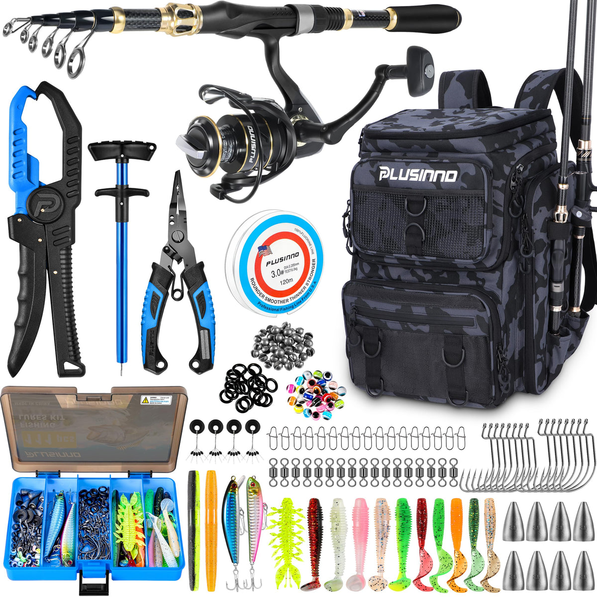 PLUSINNO Fishing Backpack with Fishing Net,42L Waterproof tackle Backpack with Tackle Boxes,Fishing Gear,Lures,Tools,Pliers & Accessories, Fishing Gifts for Men