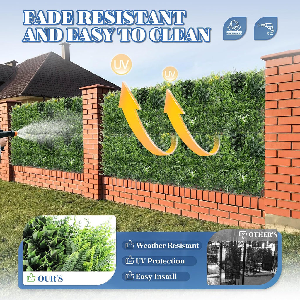 ECOOPTS 20"x20" Faux Ivy Privacy Fence Screen Artificial Boxwood Panels Topiary Hedge Plants for Indoor Outdoor Decoration, #4 Mixed Leaves, 21 Packs