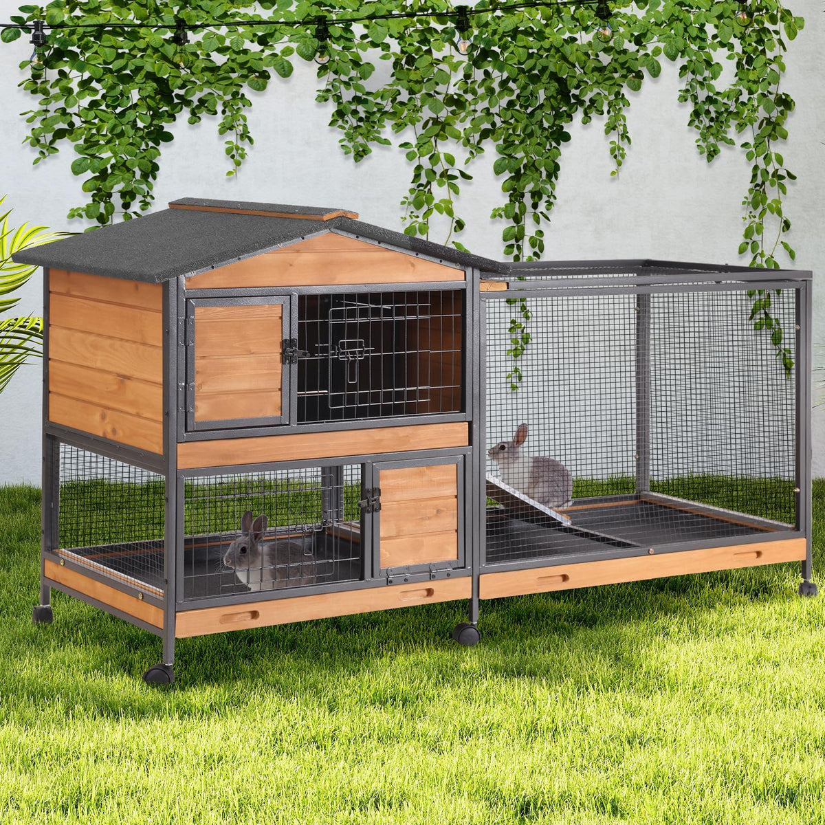 GUTINNEEN Large Rabbit Hutch Indoor with Chew-Proof Ramp, 62" L Wooden Rabbit Cage with 6 Casters, Bunny Cage with 2 Trays and 2 Story for Small to Medium Animals (Grey)