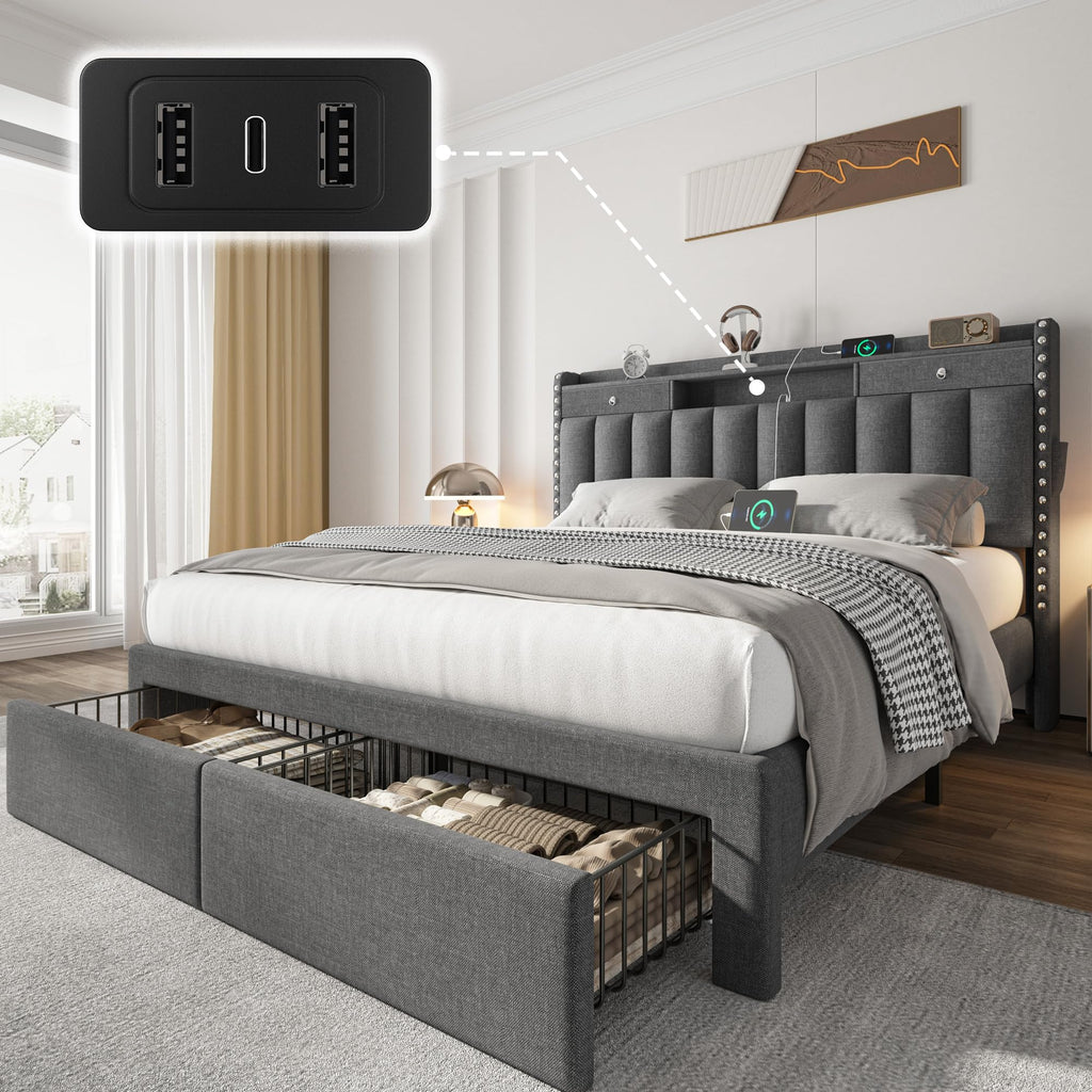 CypBed King Size Bed Frame with Headboard & 4-Storage Drawers, Upholstered