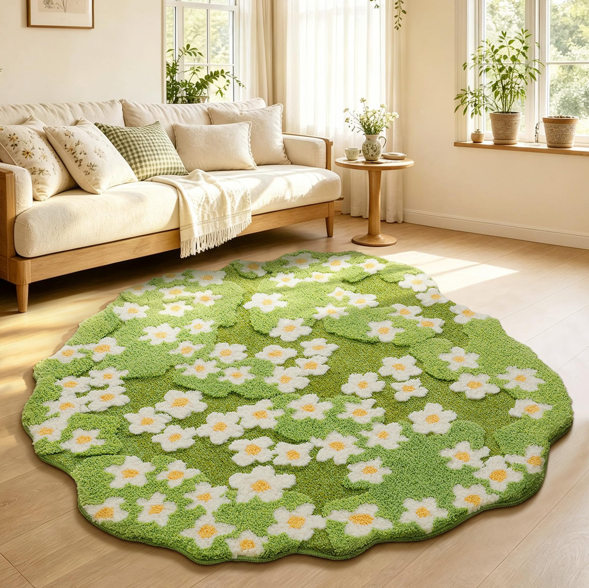 YIHOUSE 4ft Moss Round Area Rug 3D Cute Green Grass Rugs for Bedroom Machine Washable Non-Slip Boho Circle Rug Soft Fluffy Carpet for Living Room Bathroom Nursery Room, Pond