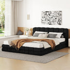 Grounded Bed Upholstered Platform Bed with Unique Design Thick Fabric Headboard, Wood Platform Bed Frame for Kids Adults Bedroom Furniture, Upholstered Floor Bed (Beige-1, King)