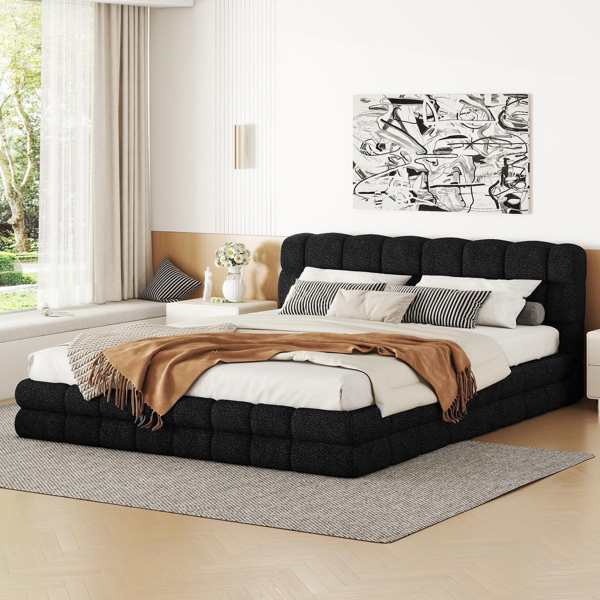 Grounded Bed Upholstered Platform Bed with Unique Design Thick Fabric Headboard, Wood Platform Bed Frame for Kids Adults Bedroom Furniture, Upholstered Floor Bed (Beige-1, King)