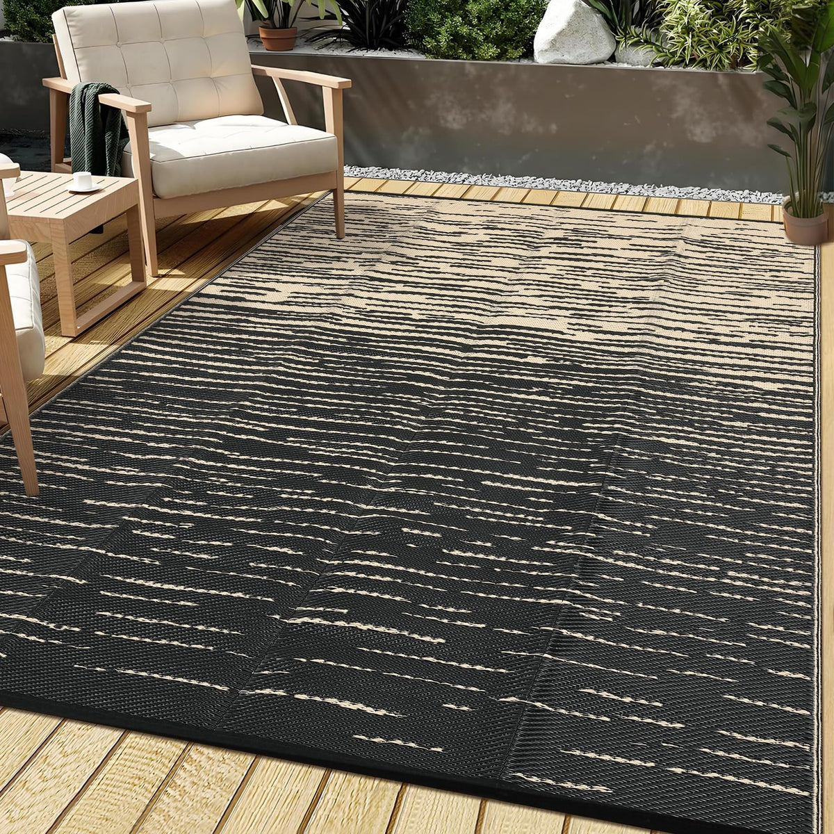 Garvee 5x8 Outdoor Rug Waterproof Modern Plastic Straw Rugs, Black Grey