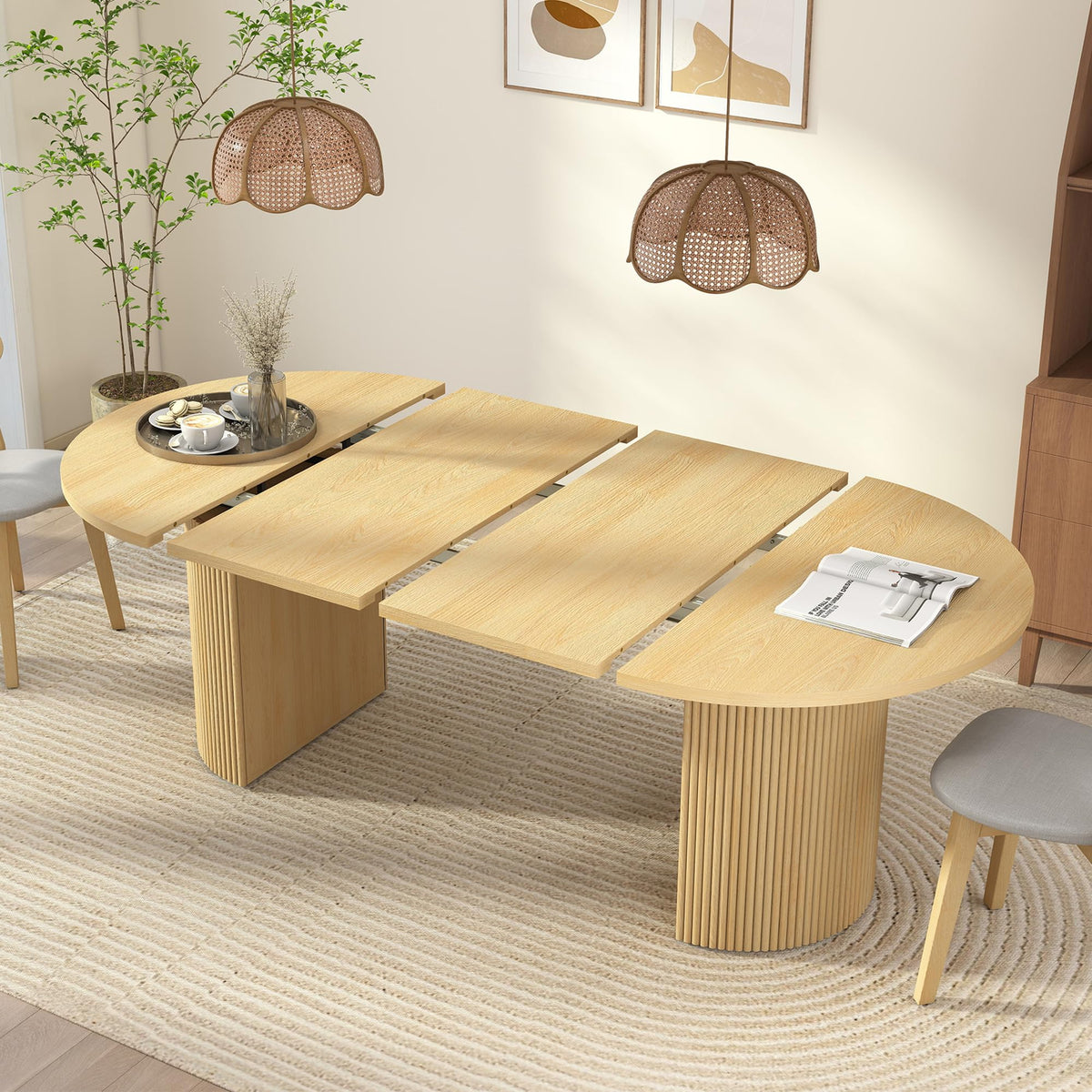 41 in-78 in Extendable Dining Room Table for 4-8, Round Expandable Kitchen Table with Fluted Base, Modern Farmhouse Oval Dinner Tables for Dining Room Kitchen Living Room (Walnut)