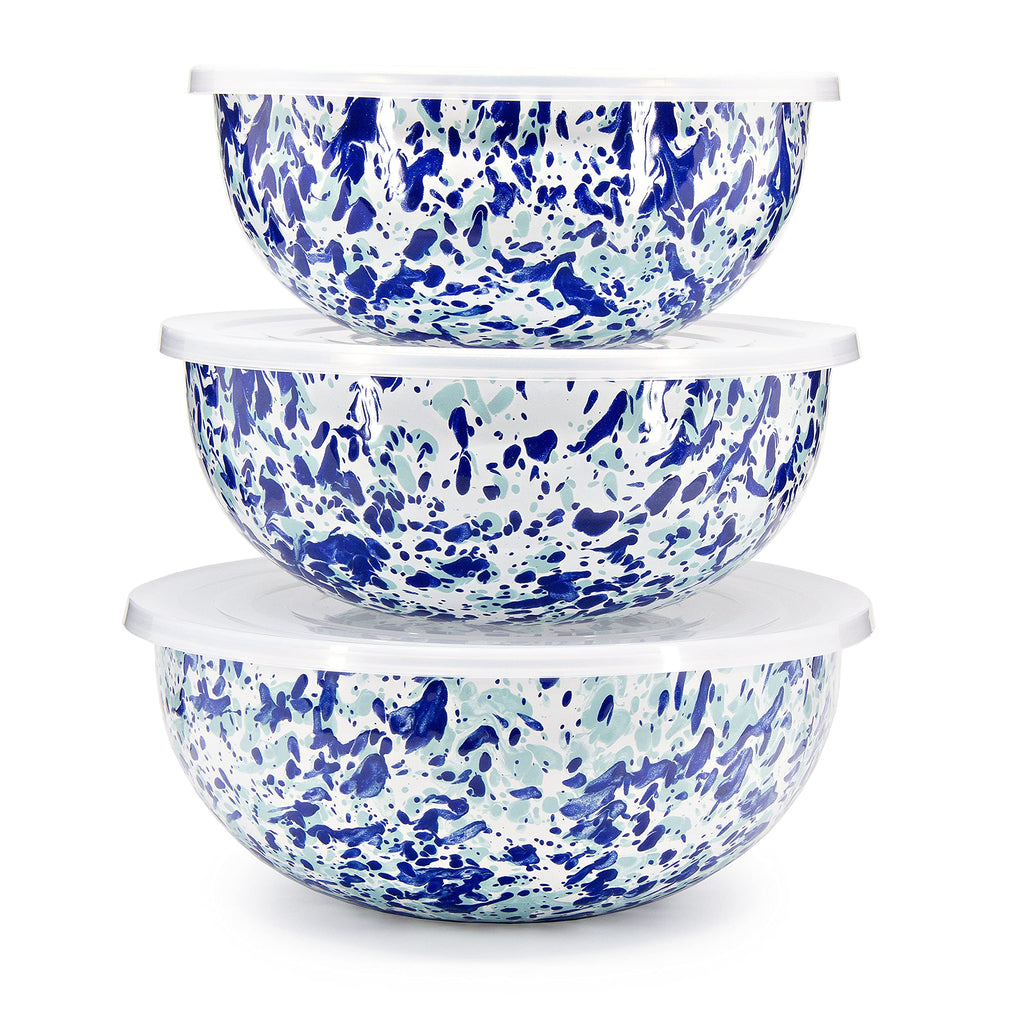 Golden Rabbit Enamelware Nested Mixing Bowls with Lids, Set of 3, Solid White Textured