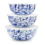 Golden Rabbit Enamelware Nested Mixing Bowls with Lids, Set of 3, Solid White Textured