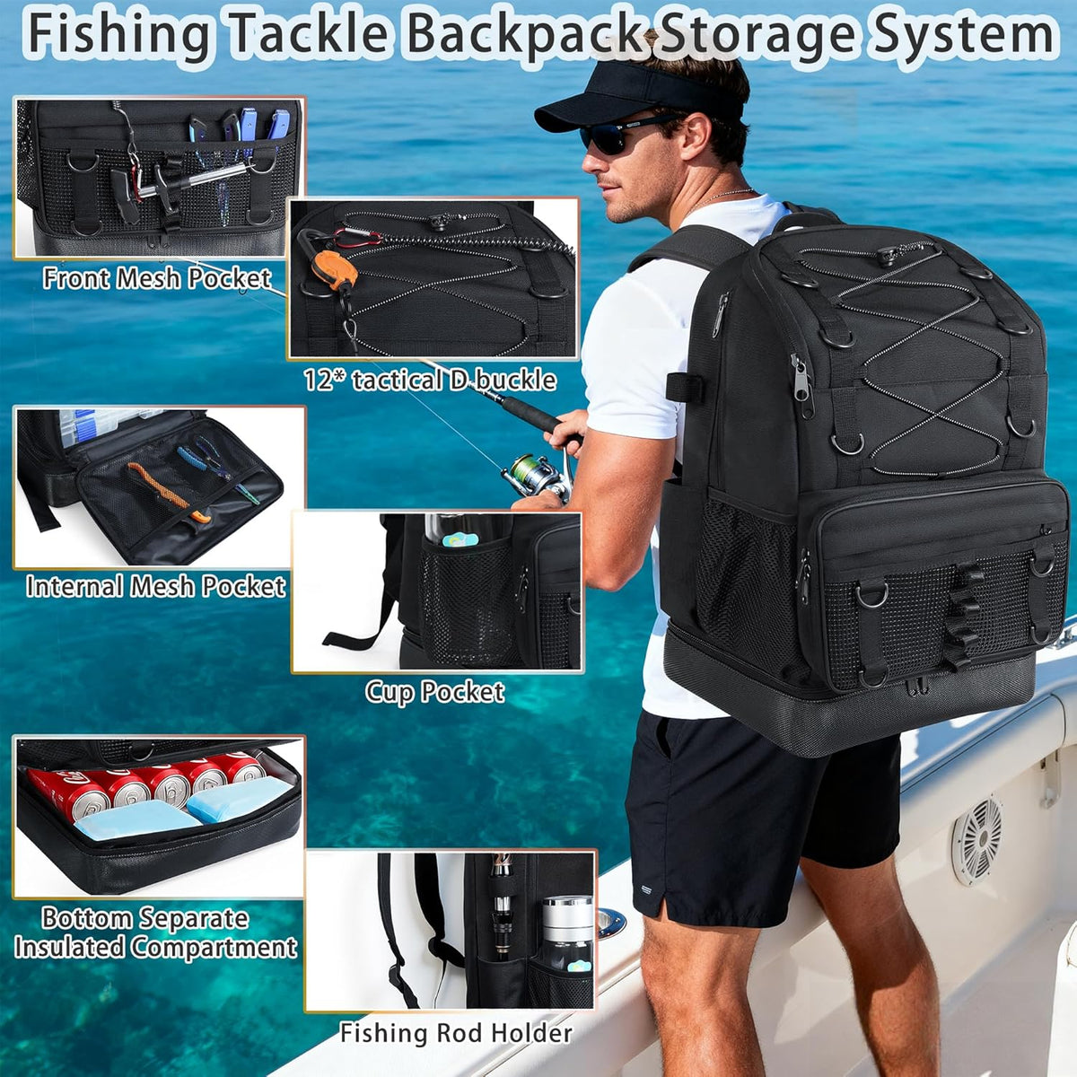 Fishing Backpack with Rod Holder, Heavy Duty Fishing Bag with Waterproof Bottom, Tackle Backpack Gifts for Man Woman-Black