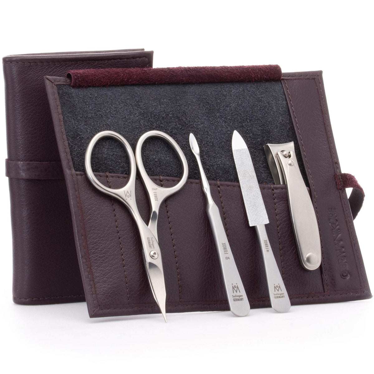 GERMANIKURE 7pc Manicure & Pedicure Set, FINOX Steel, Purple Leather Roll