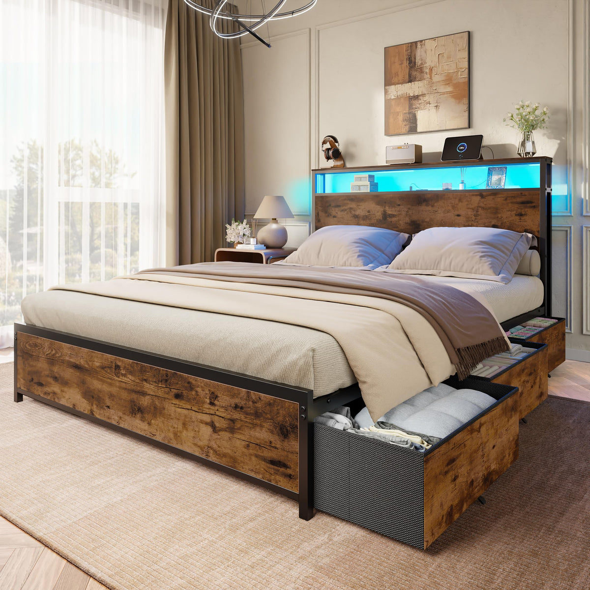 Forestell King Size Bed Frame with 2-Tier Storage Headboard & 6 Drawers