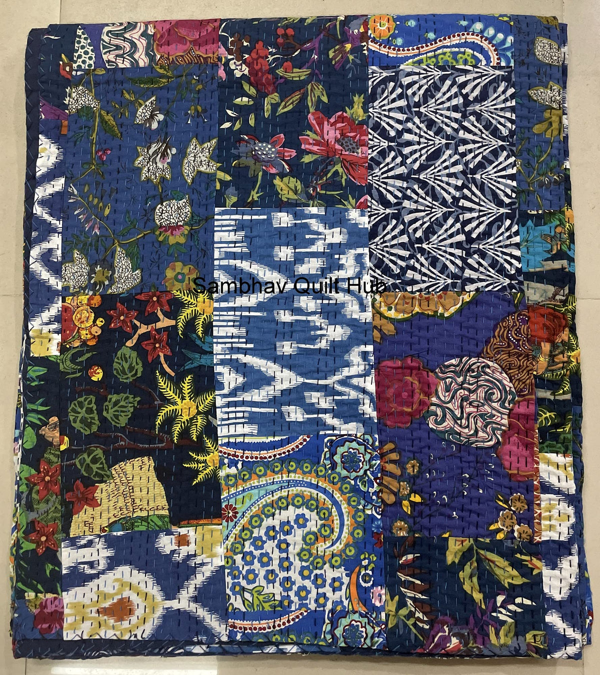 Traditional Handblock Print Multi Floral Assorted Cotton Patchwork Kantha Quilt Home Decorative Handmade Patch Quilted King Size Bohemian Bedding Throw Blanket Vintage Quilt (Yellow, 108X108 inches)