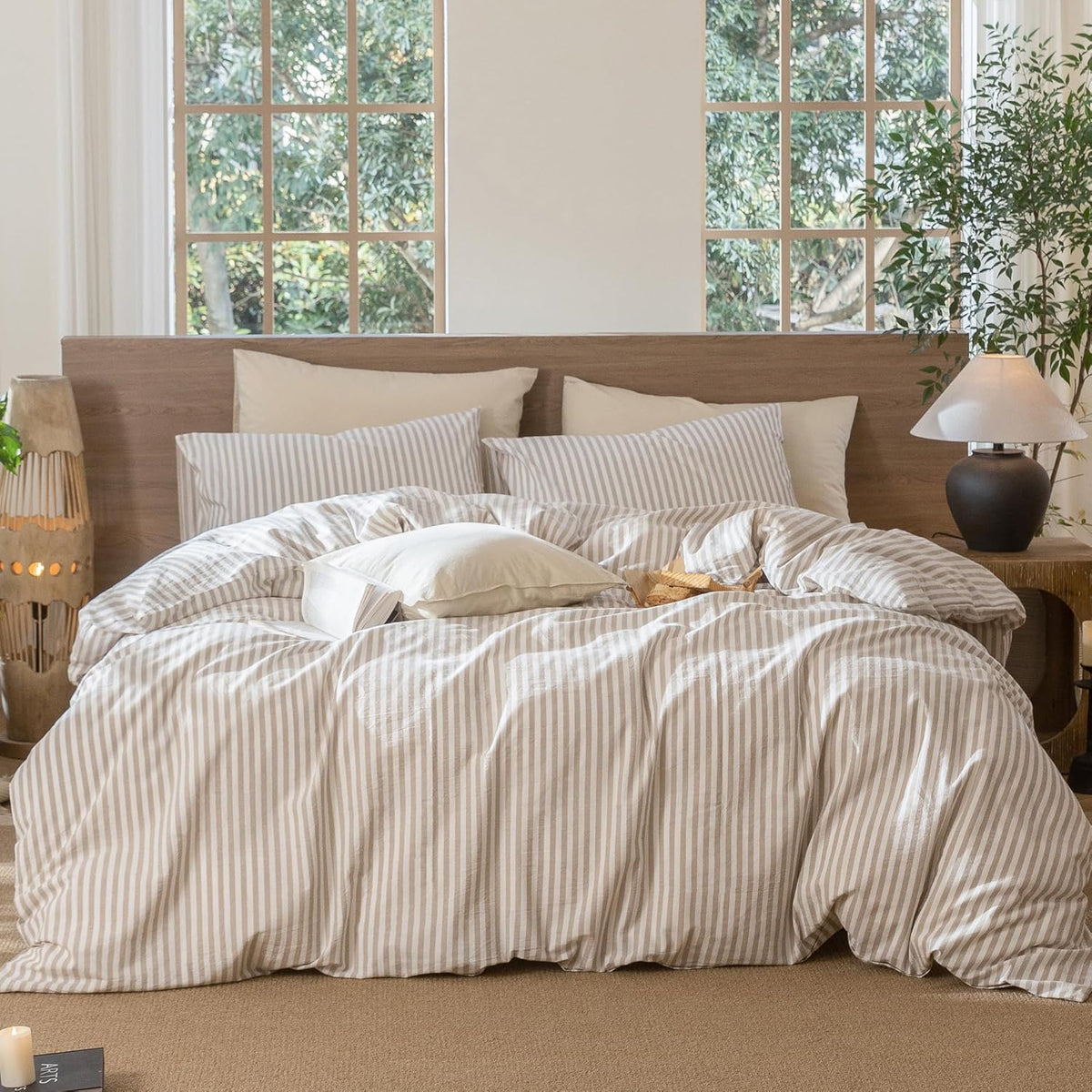 MooMee Striped Duvet Cover Set 100% Washed Cotton Linen Like Queen