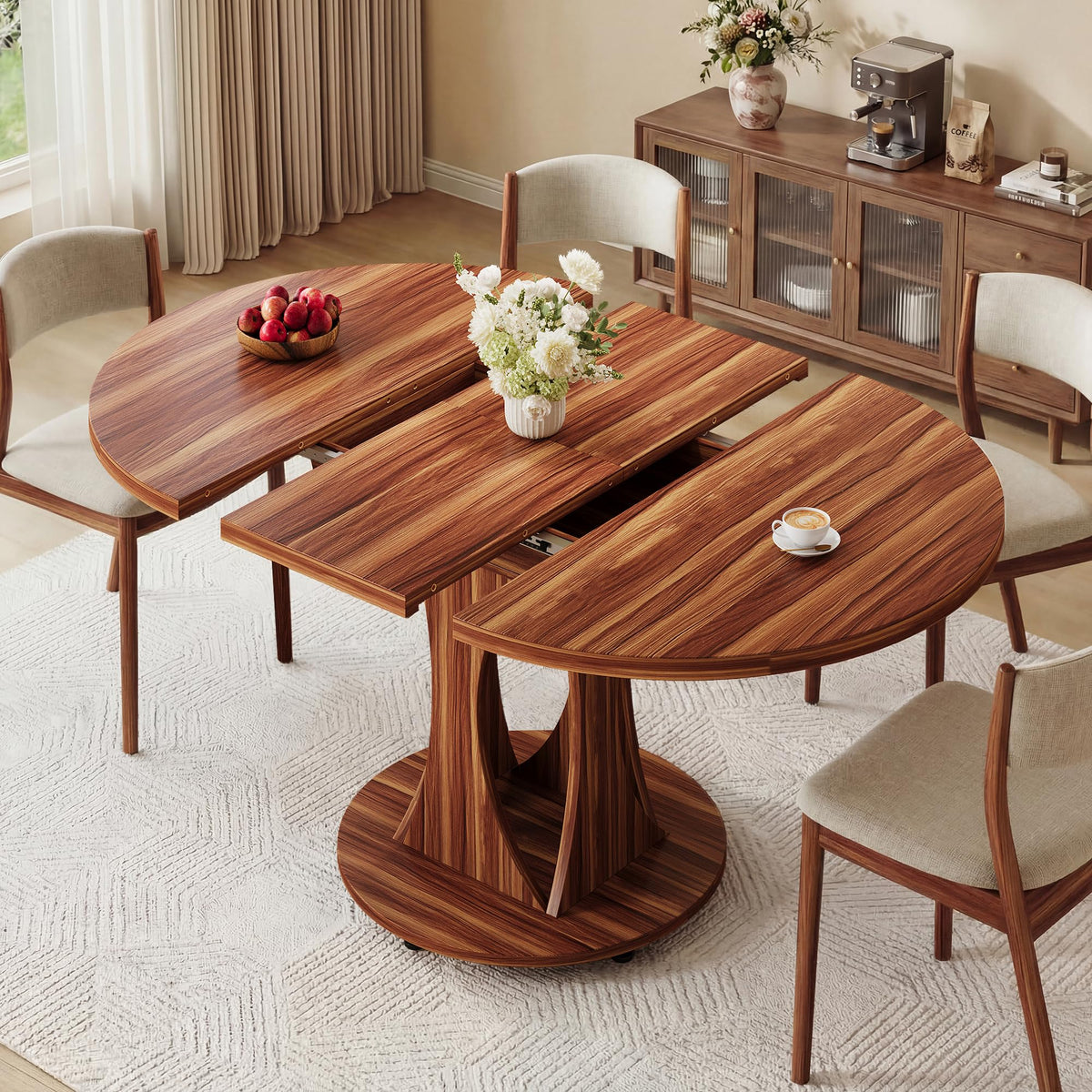 iPormis Round Dining Table, 47'' Kitchen Table for 4-6, Dining Room Dinner Table with Wooden Tabletop & Geometric Arcs Pedestal for Kitchen, Living Room, Home, Office, Walnut
