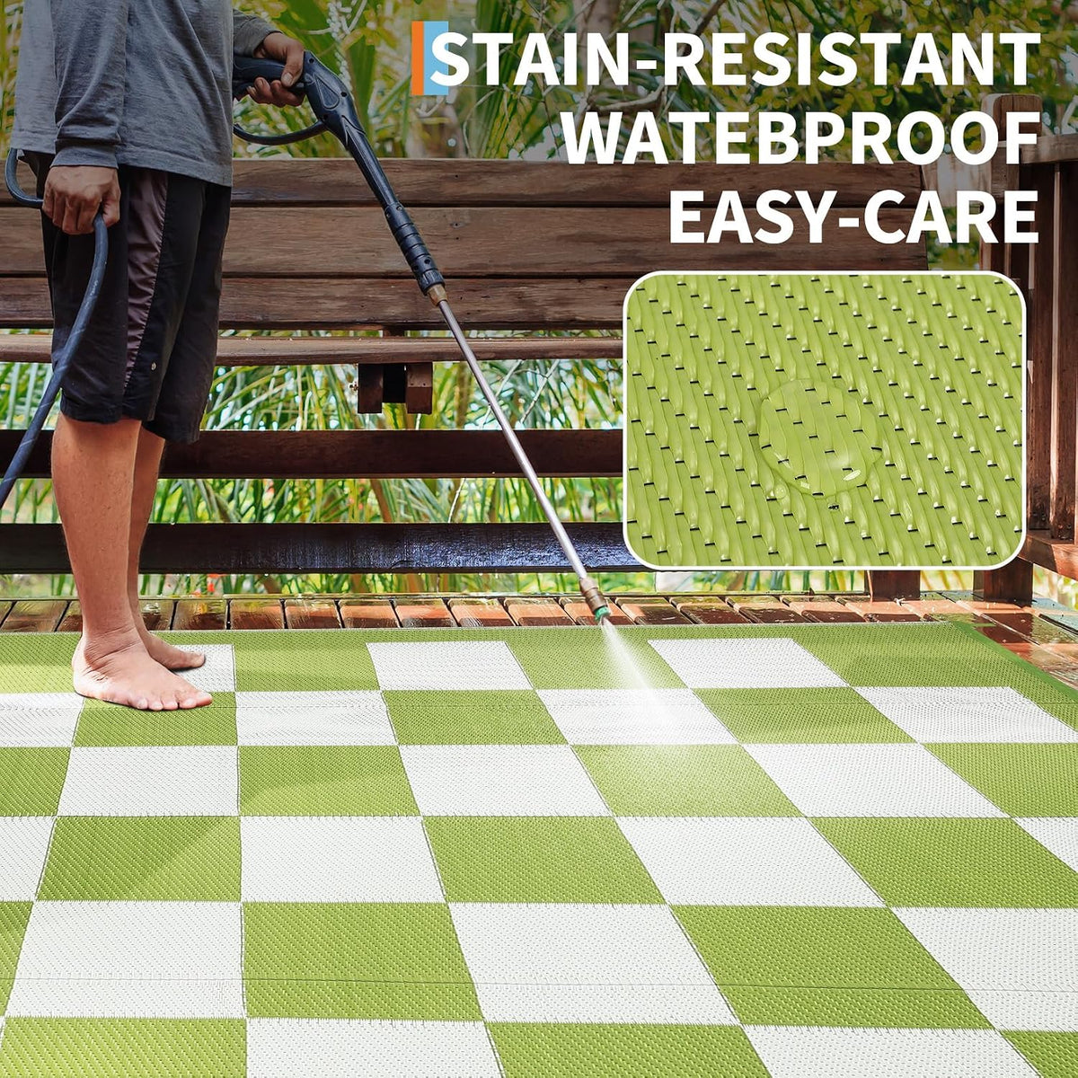 9 * 18ft Checkerboard Outdoor Rug, Reversible Woven Plastic Straw Patio Mat, Portable Floor Mat, Checkered Camping Carpet with Corner Loops for RV, Deck, Picnic, Balcony, Green & White
