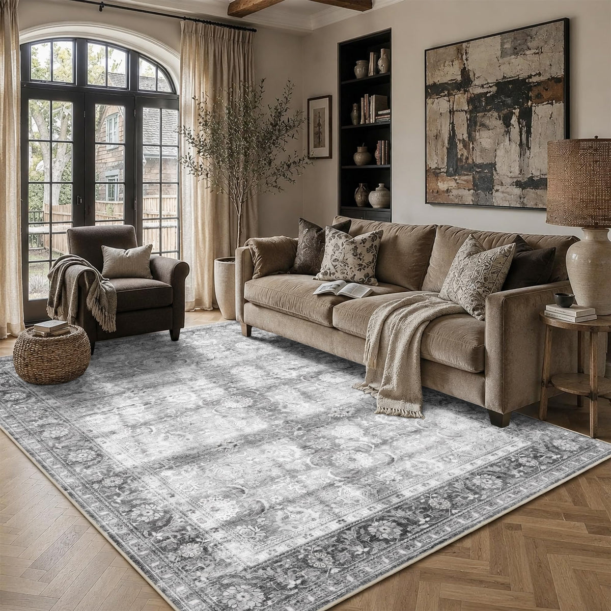 JOOJA 8x10 Dark Brown Vintage Soft Low Pile Non Slip Boho Washable Area Rug