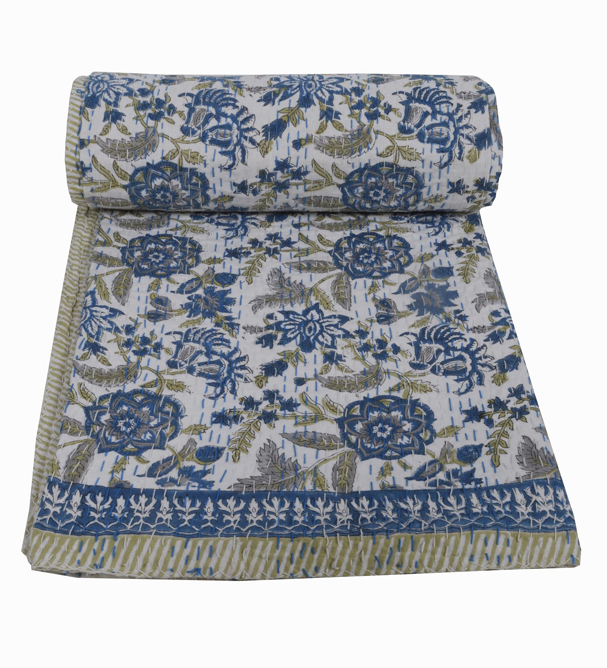 YUVANCRAFTS Indian Hand Block Print Kantha Quilt Queen Size Bedspread Blanket Cotton Bed Cover Vintage Boho Floral Print (Queen 90 X 108 Inch, White 3)