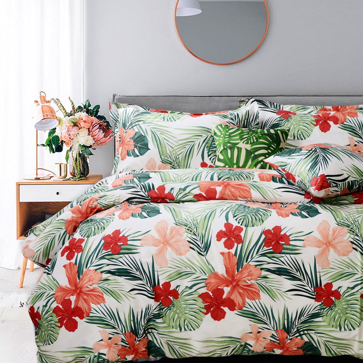 FADFAY Floral Duvet Cover Set 100% Cotton Green Striped and Beige Bedding White Flower Branches Print 600 TC Soft Reversible Zipper Bed Cover & 2 Pillowcases,King/Cal King(106x92)