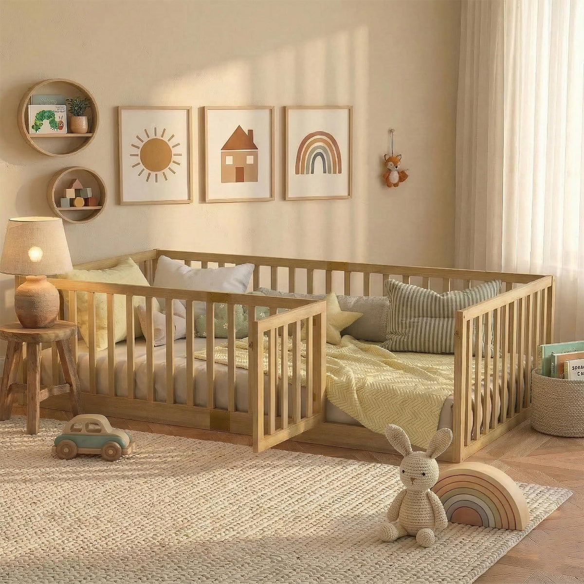 Full Montessori Floor Bed with High Rails, Door & Slats for Kids, Natural