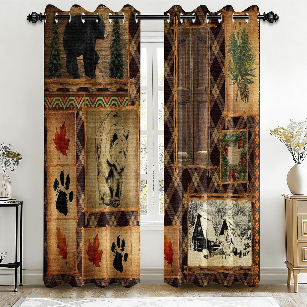 Rustic Fall Leaves Blackout Curtains 84 Inch Long 2 Panels, Autumn Maple Leaf Pinecone Thermal Insulated Grommet Drapes, Wood Burlap Texture Print Energy Saving Noise Reducing Curtains
