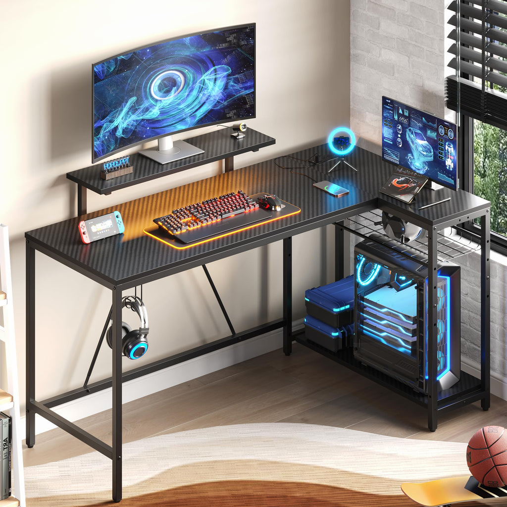 Bestier 42-Inch Pink L-Shaped Gaming Desk with Charging & LED
