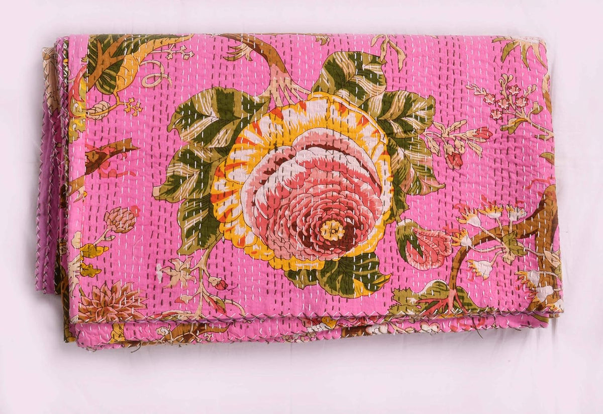Indian Floral Print TwinQueen/King Size Kantha Quilt Kantha Blanket Bed Cover Kantha Bedspread Bohemian Bedding Kantha Blanket (Pink, Queen (U.S. Standard))