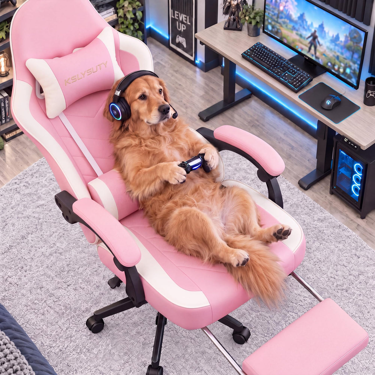 Desk Computer Gaming Chair - High Back Ergonomic Office Chair with Footrest and Lumbar Support, Swivel Comfy Home Gamer Video Game Chairs with Pocket Spring Cushion for Adults (White Leather)
