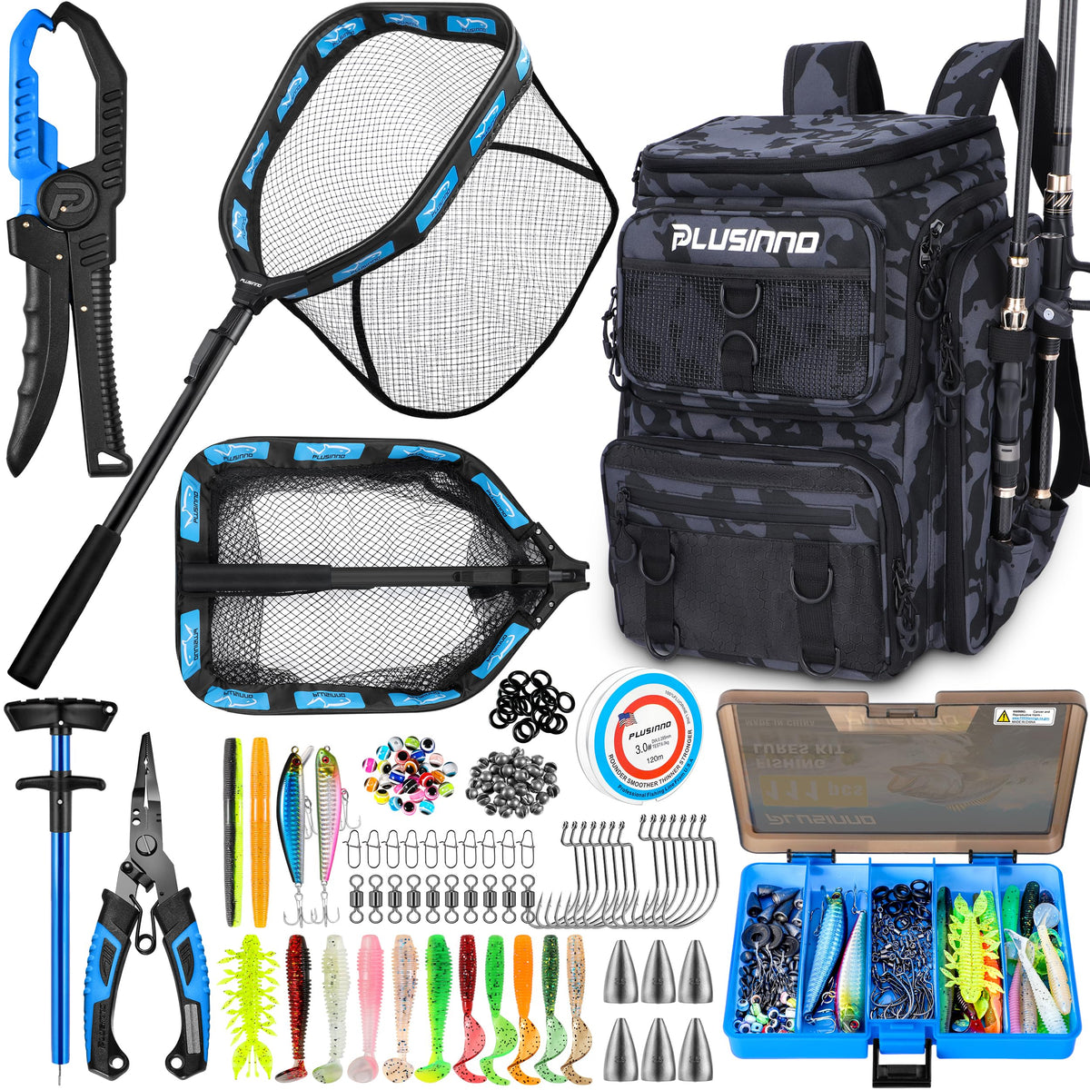 PLUSINNO Fishing Backpack with Fishing Net,42L Waterproof tackle Backpack with Tackle Boxes,Fishing Gear,Lures,Tools,Pliers & Accessories, Fishing Gifts for Men