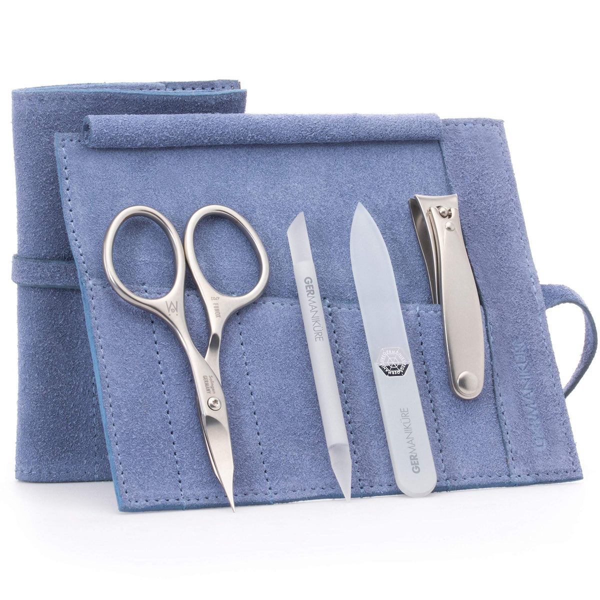 GERMANIKURE 7pc Manicure & Pedicure Set, FINOX Steel, Purple Leather Roll