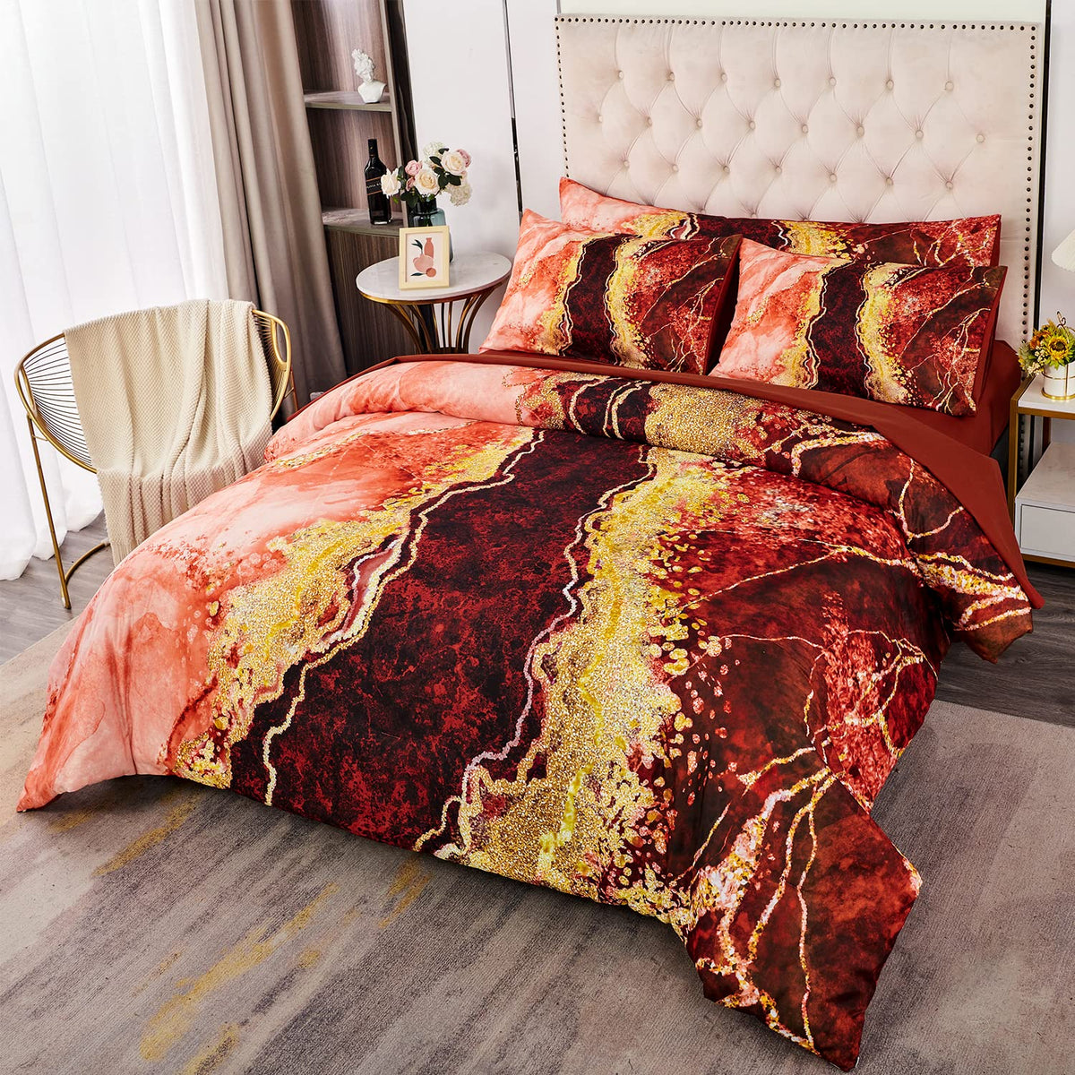 PERFEMET 6 Piece Teal King Size Comforter Set Watercolor Marble Bedding Set