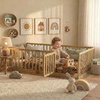 Twin Montessori Floor Bed with High Rails, Door & Slats for Kids, Natural