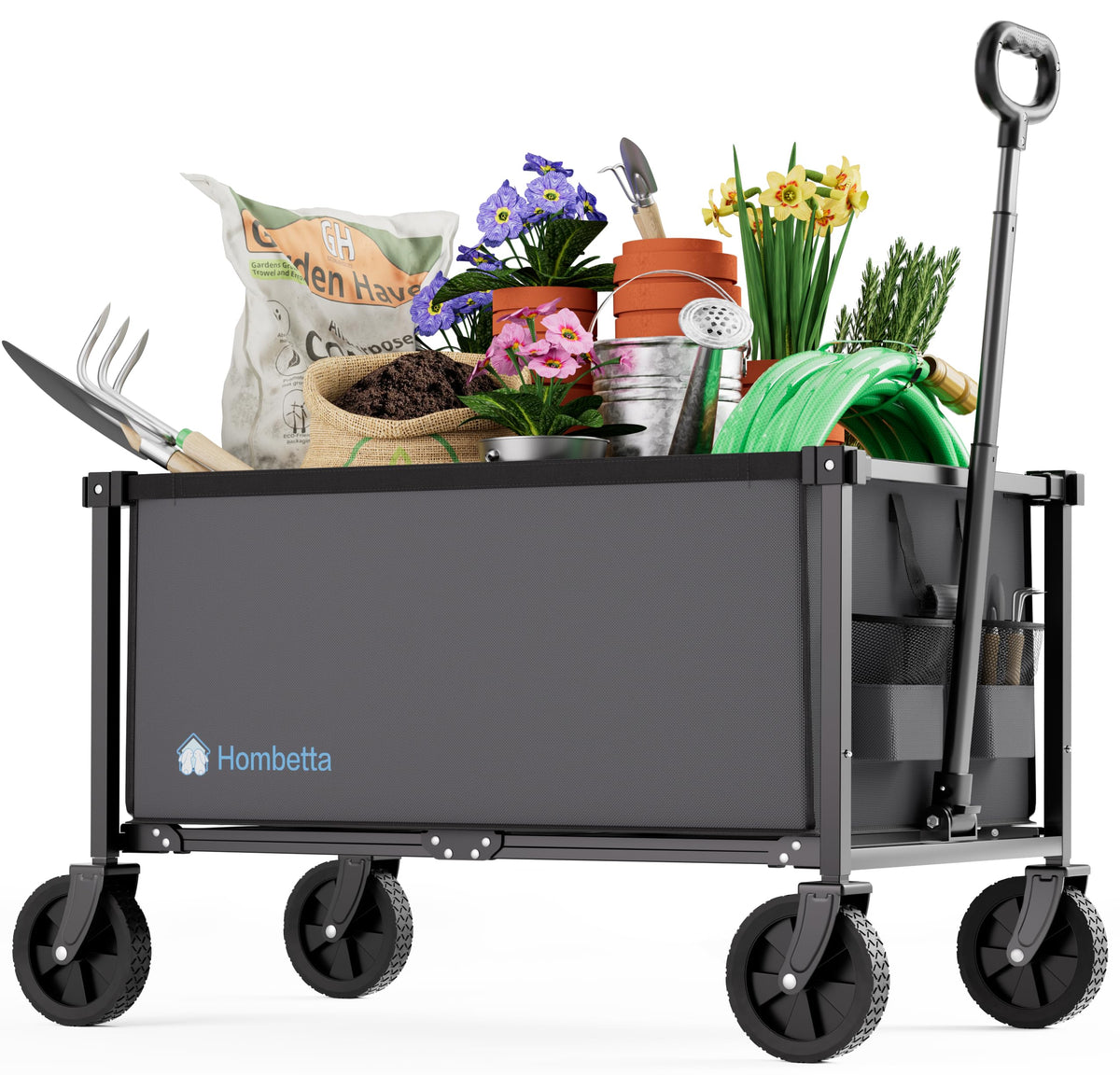 52" Heavy Duty Double Decker Wagon, 650L Collapsible Folding Wagon Cart with Brakes, 560 lbs Load, All-Terrain Big Wheels for Camping, Fishing, Sports and Transport, Black