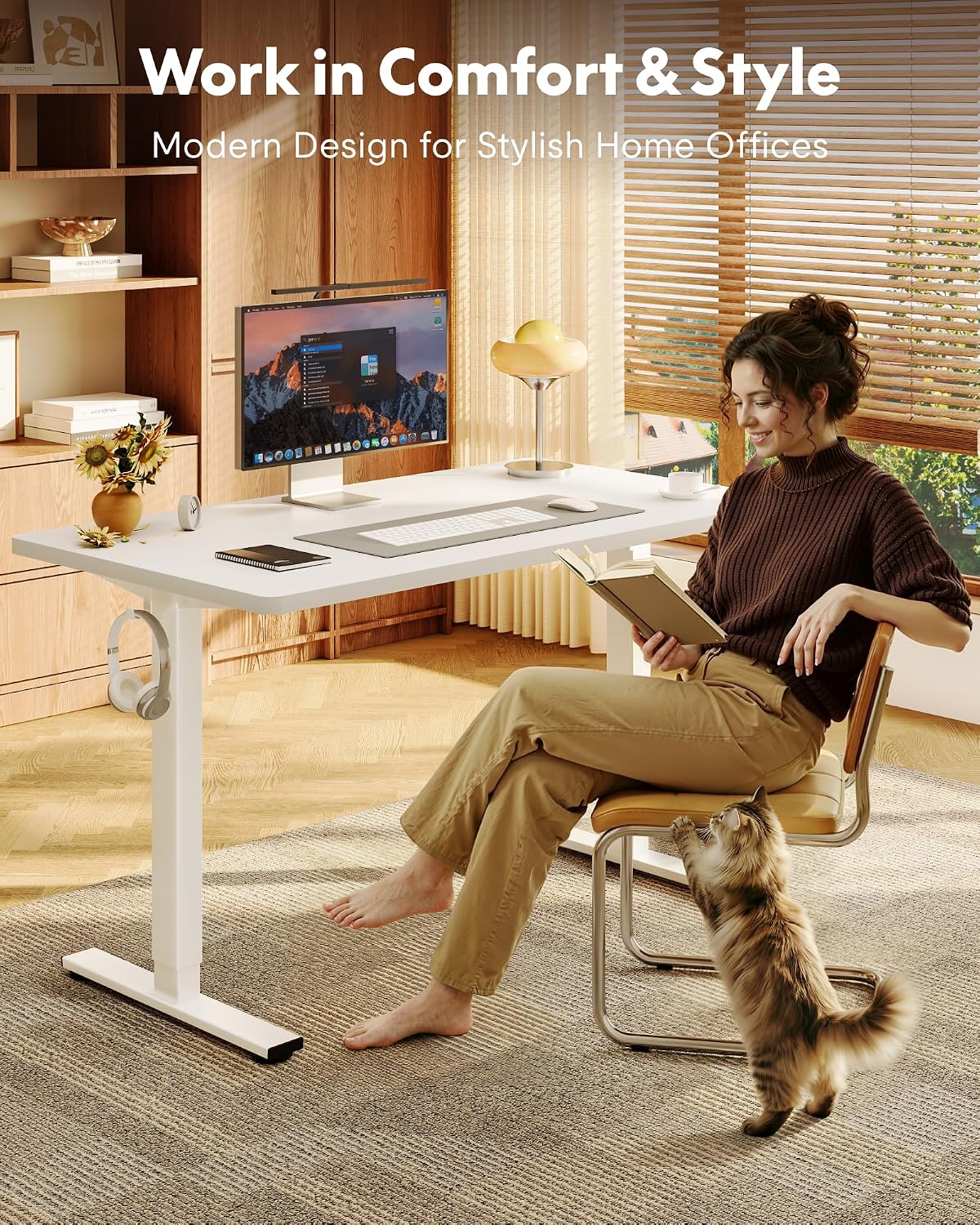 FLEXISPOT EN1 One-Piece Standing Desk, Electric Adjustable with 4 Memory Presets, 176 LBS Capacity, Stable & Quiet, Seamless Desktop for Home Office & Dual Monitors, 55"x28" White(White Frame)