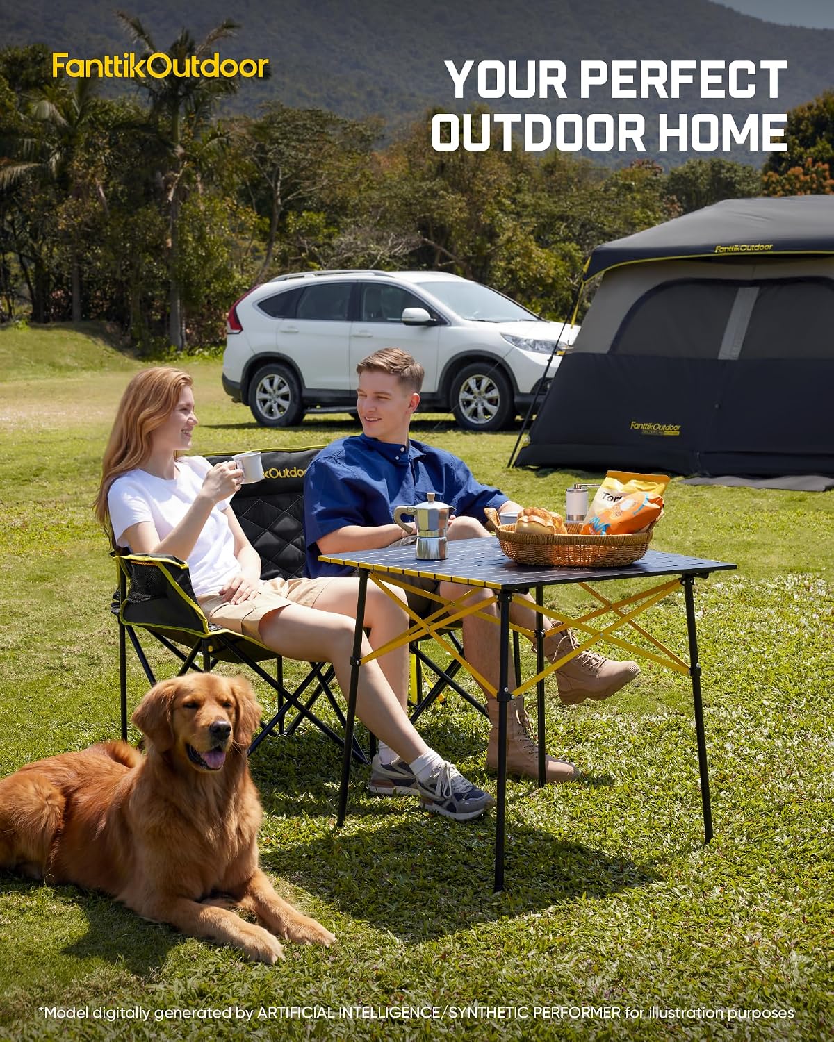 FanttikOutdoor Zeta L11 Duo Pro Double Camping Chair, 2 Person Portable Folding Couch, Up to 600 lbs, High Strength Loveseat with Cup Holder & Carry Bag for Travel, Patio, Games, BBQ, Backyard, Black