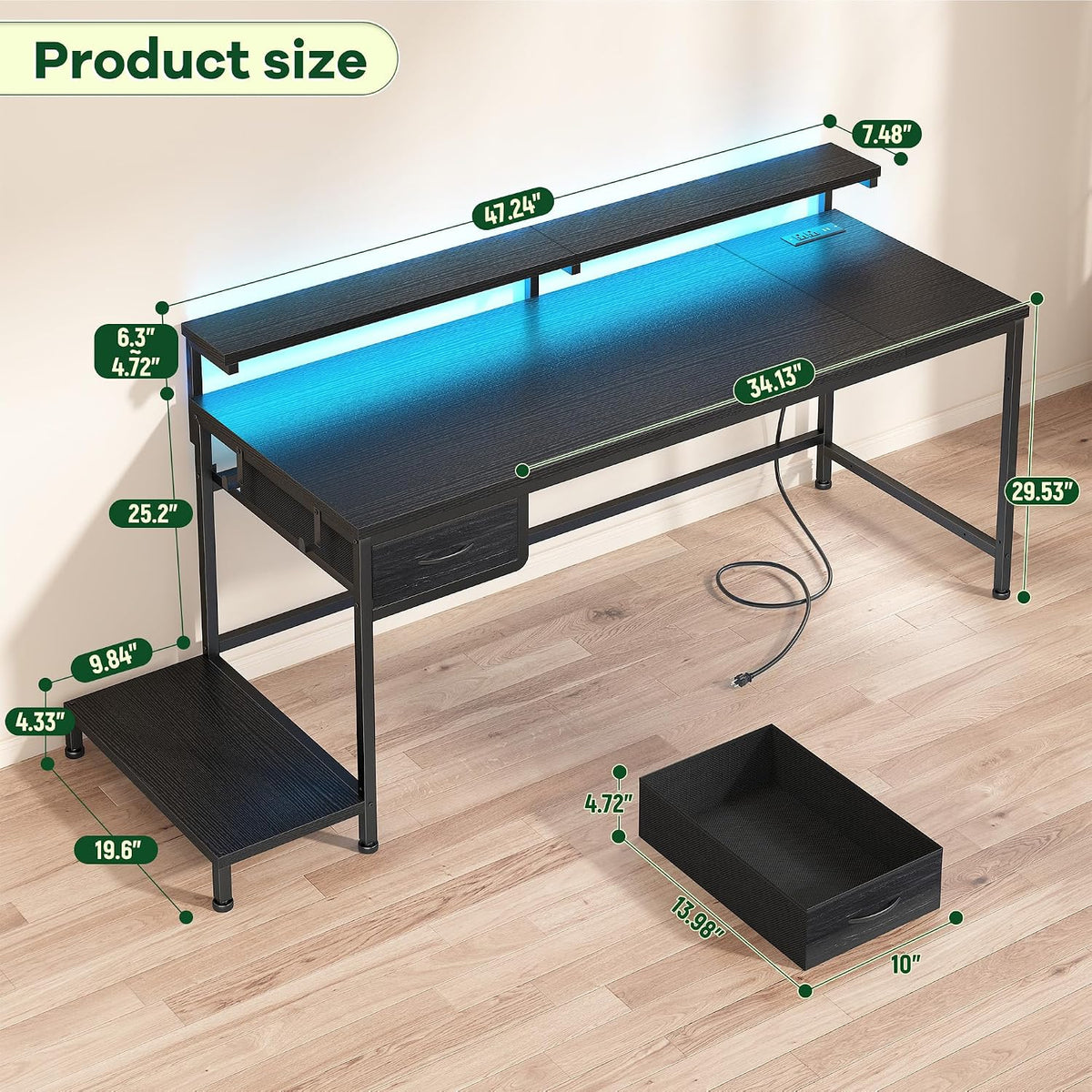DurayLoly 47.2" Gaming Desk with Power Outlet and LED Lights,Bedroom,Black